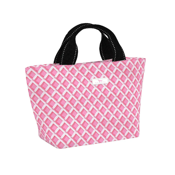 A pink tote bag featuring a sturdy black handle, ideal for shopping or daily use.