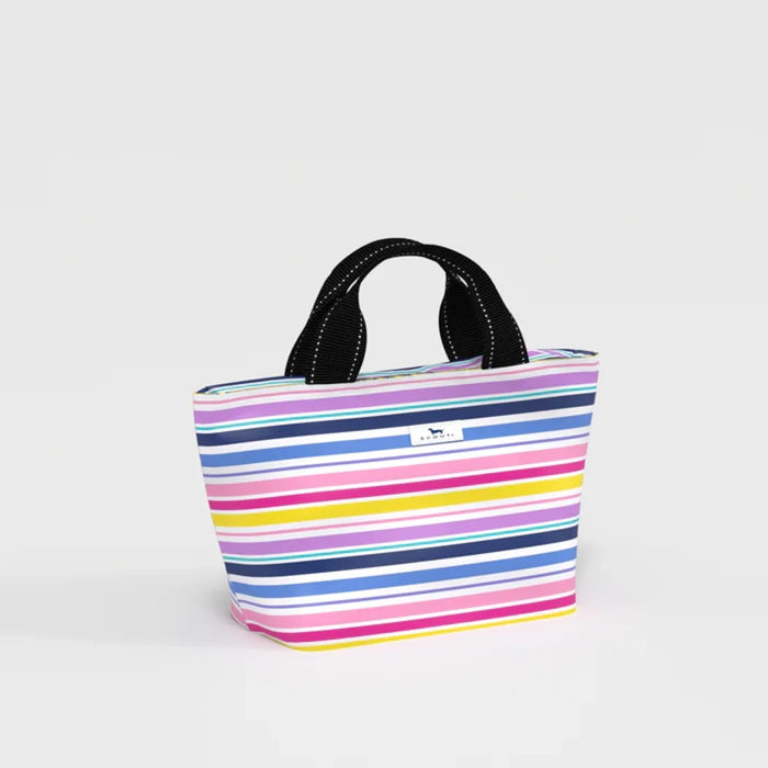 A compact tote bag with a striped pattern and a sturdy black handle, perfect for everyday use.