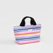 A compact tote bag with a striped pattern and a sturdy black handle, perfect for everyday use.