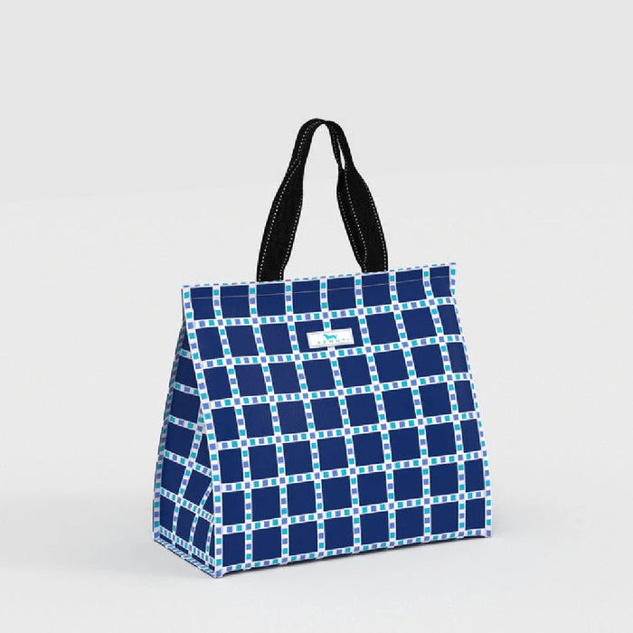 A blue and white checked bag with sturdy handles, suitable for shopping or carrying personal items.