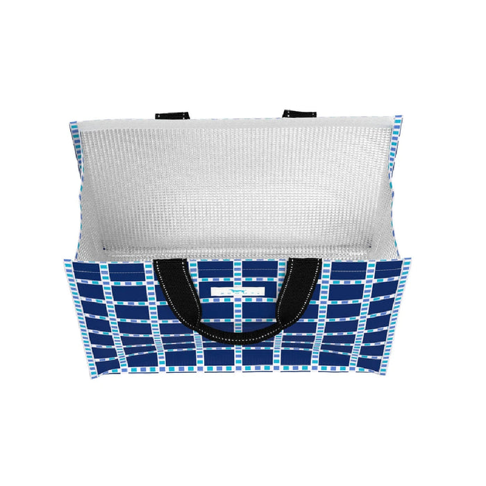 A blue and white gingham bag with handles, ideal for carrying groceries or everyday essentials.