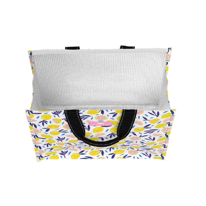 A white tote bag decorated with bright yellow flowers, ideal for everyday use.