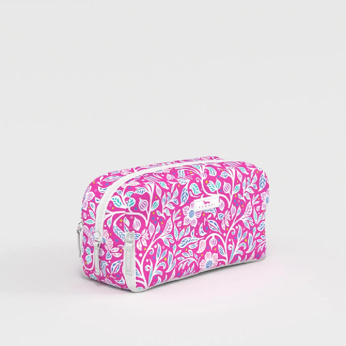 A pink and blue floral patterned cosmetic bag with vibrant flowers and a stylish design.