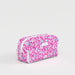 A pink and blue floral patterned cosmetic bag with vibrant flowers and a stylish design.