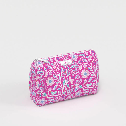 A cosmetic bag featuring a vibrant pink and blue floral print, ideal for storing makeup and beauty essentials.