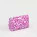 A cosmetic bag featuring a vibrant pink and blue floral print, ideal for storing makeup and beauty essentials.