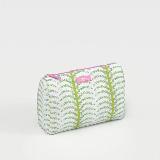 A cosmetic bag featuring a vibrant pink and blue floral print, ideal for storing makeup and beauty essentials.