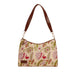 Floral print leather shoulder bag with a brown strap, showcasing a stylish and vibrant design for everyday use.
