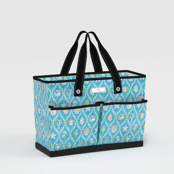 A striped tote bag in blue and white, equipped with a black handle for easy carrying.