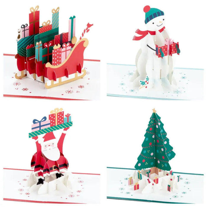 Set of four Christmas-themed pop-up cards featuring a sleigh, snowman, Santa Claus, and Christmas tree.