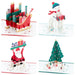 Set of four Christmas-themed pop-up cards featuring a sleigh, snowman, Santa Claus, and Christmas tree.