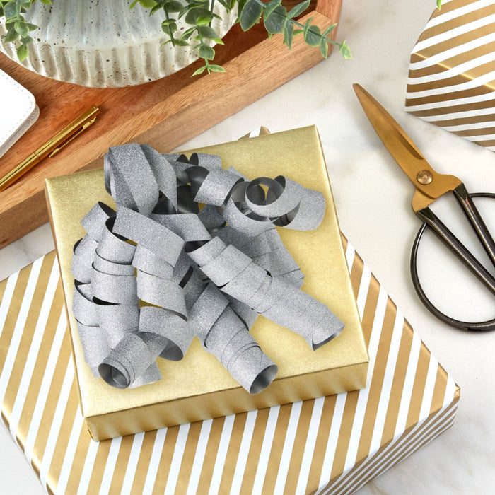 6.5" Sparkly Silver Curly Ribbon Gift Bow
