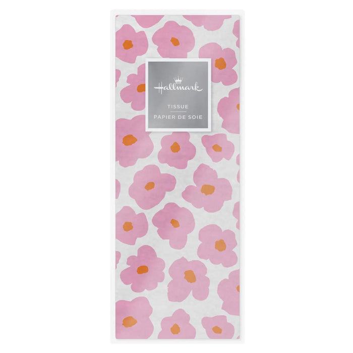 Pink floral tissue paper pack with six sheets featuring mod flower pattern on white; each sheet about 19.7 by 20 inches