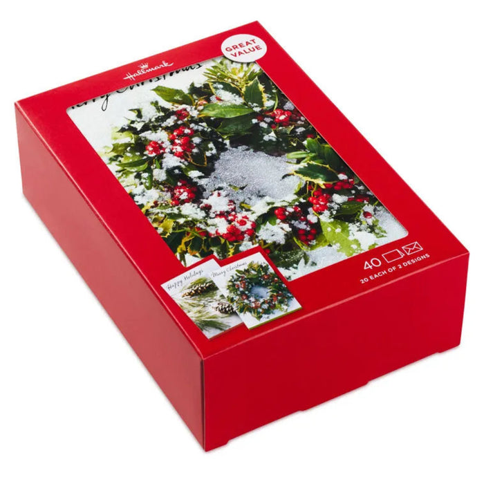 Hallmark wreath and pine branch boxed Christmas cards with envelopes and seals, 40 pack