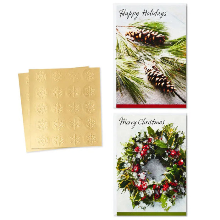 Hallmark wreath and pine branch boxed Christmas cards with envelopes and seals, 40 pack