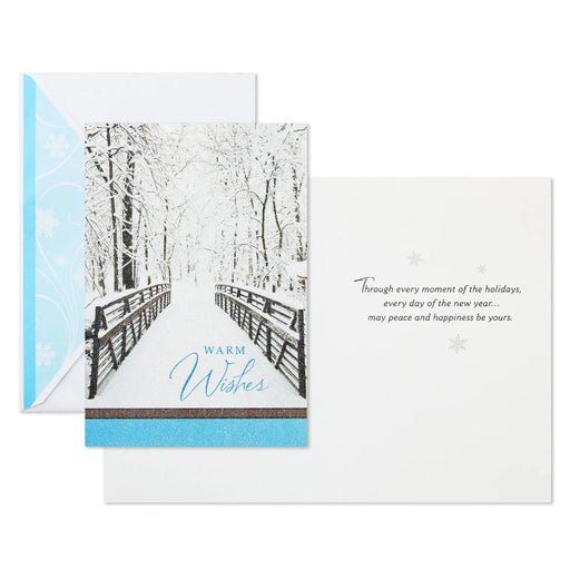 Hallmark Trees in Snow and Snowy Bridge boxed holiday cards with seals, pack of 40, featuring a peaceful snowy winter landscape.