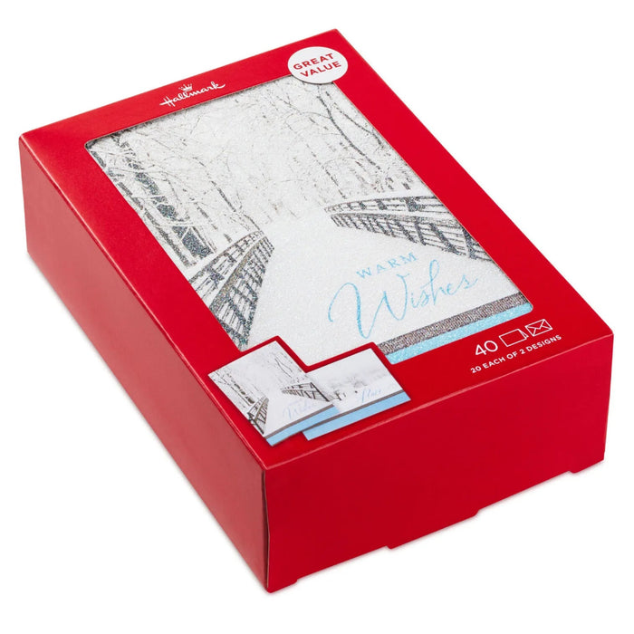 Hallmark Trees in Snow and Snowy Bridge boxed holiday cards with seals, pack of 40, featuring a peaceful snowy winter landscape.