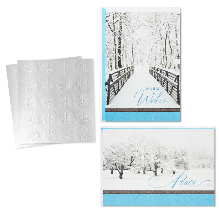 Hallmark Trees in Snow and Snowy Bridge boxed holiday cards with seals, pack of 40, featuring a peaceful snowy winter landscape.