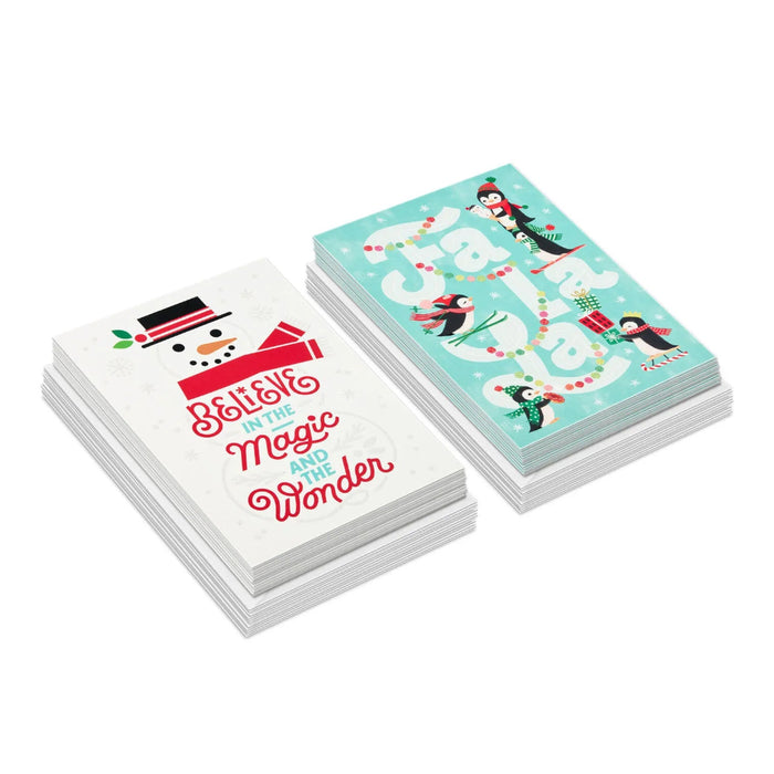 Hallmark Snowman and Penguins Assorted Boxed Christmas Cards, pack of 40, featuring cheerful snowman and penguin holiday designs.