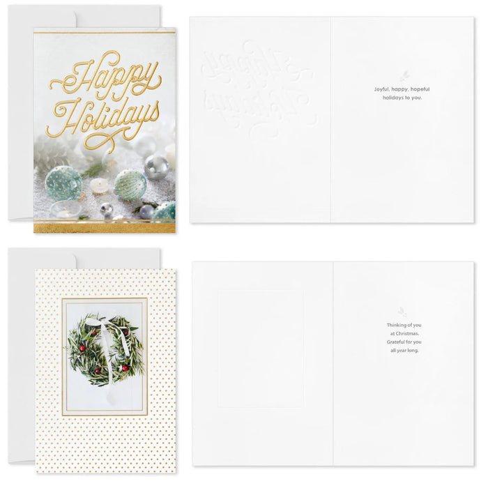 Hallmark Gold and White Winter Wishes boxed Christmas cards assortment, pack of 40, featuring elegant winter-inspired designs.