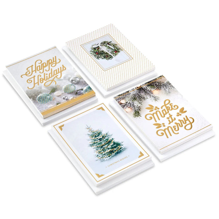 Hallmark Gold and White Winter Wishes boxed Christmas cards assortment, pack of 40, featuring elegant winter-inspired designs.