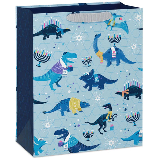 13-inch large Hanukkah gift bag featuring playful dinosaurs wearing sweaters in a festive holiday design.