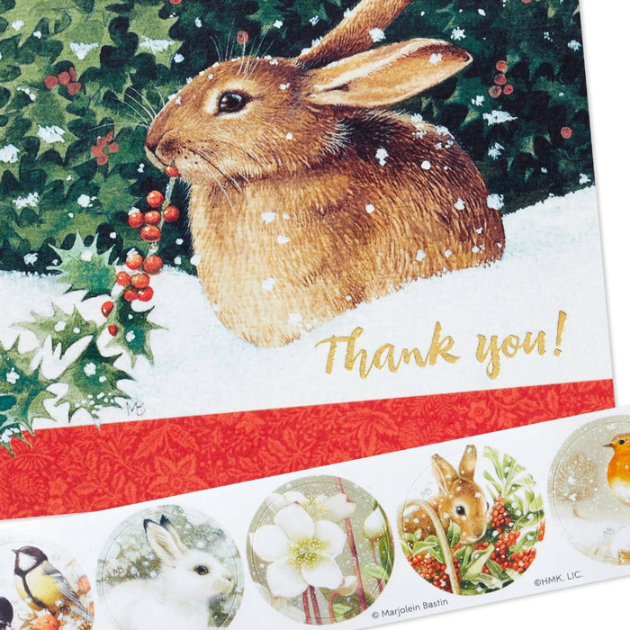 Hallmark Marjolein Bastin Winter Bunny boxed Christmas thank-you notes, 10 blank cards with bunny, holly, snow, gold foil accents, envelopes and illustrated seals