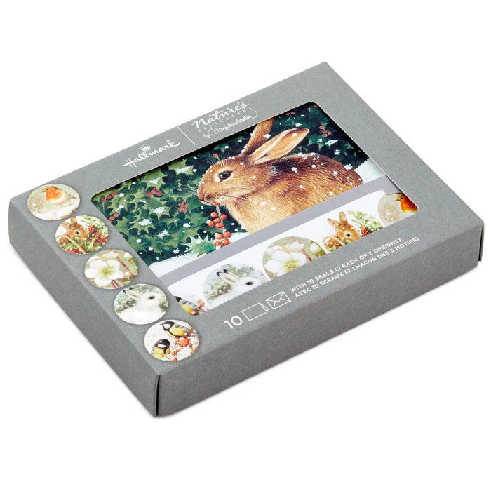 Hallmark Marjolein Bastin Winter Bunny boxed Christmas thank-you notes, 10 blank cards with bunny, holly, snow, gold foil accents, envelopes and illustrated seals