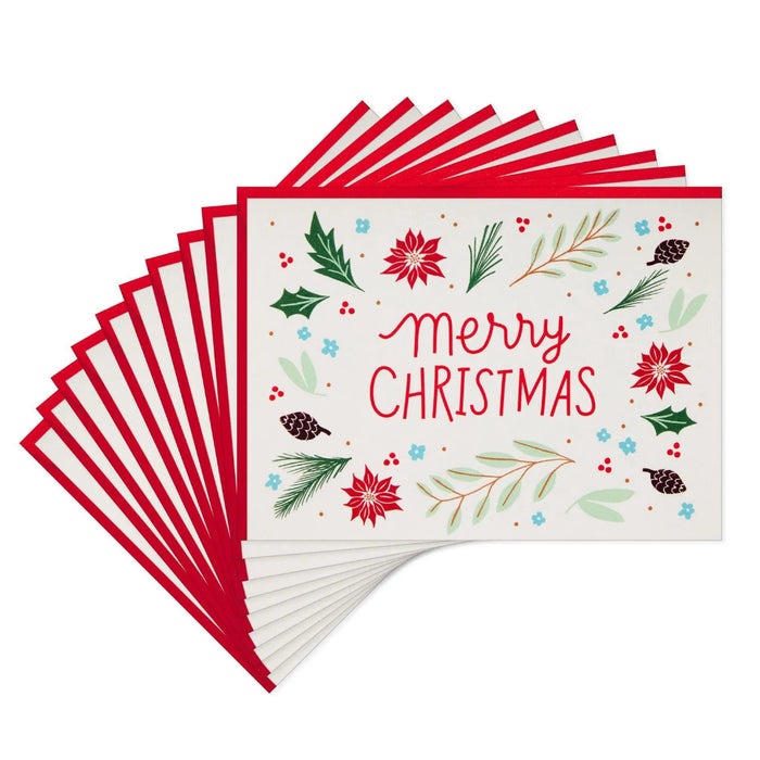 Hallmark Merry Botanical blank Christmas notes pack of 10 with red Merry Christmas lettering, poinsettias, holly, pine branches, berries and envelopes