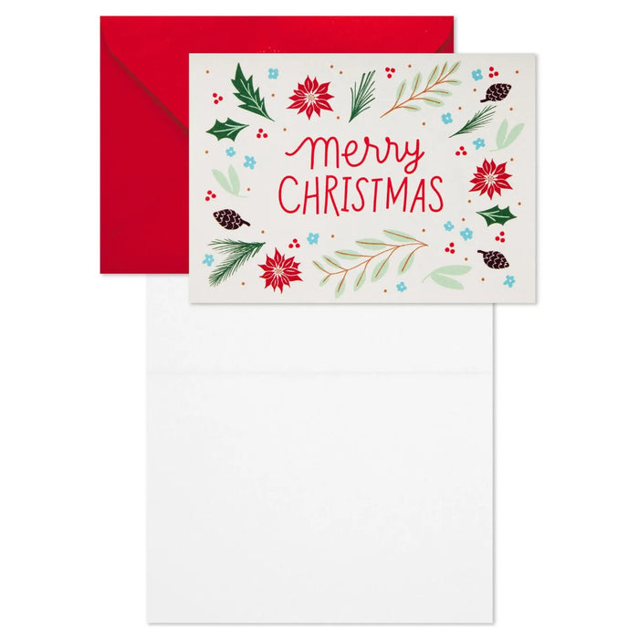Hallmark Merry Botanical blank Christmas notes pack of 10 with red Merry Christmas lettering, poinsettias, holly, pine branches, berries and envelopes