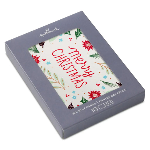 Hallmark Merry Botanical blank Christmas notes pack of 10 with red Merry Christmas lettering, poinsettias, holly, pine branches, berries and envelopes