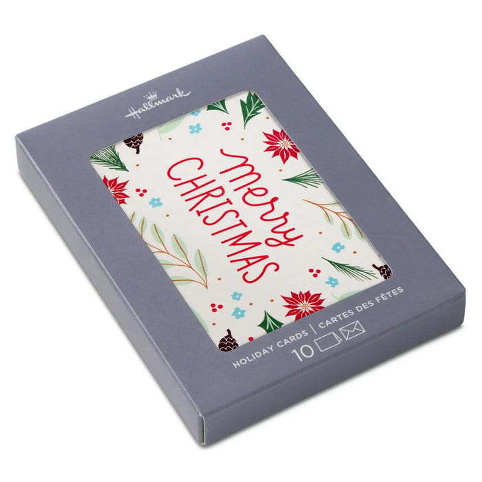 Hallmark Merry Botanical blank Christmas notes pack of 10 with red Merry Christmas lettering, poinsettias, holly, pine branches, berries and envelopes