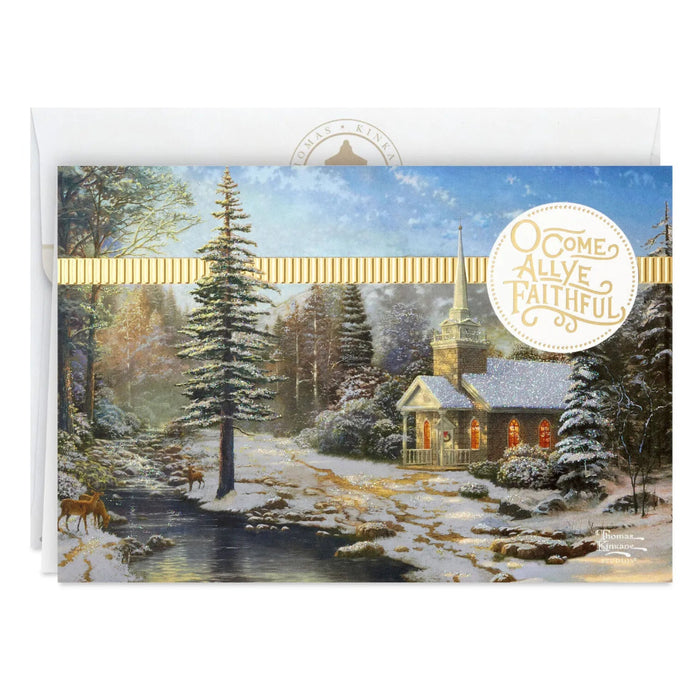 Hallmark Thomas Kinkade Country Church religious boxed Christmas cards featuring a peaceful church scene, pack of 16