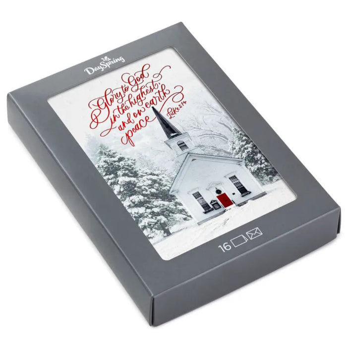 Hallmark DaySpring White Church in Snow boxed Christmas cards featuring a peaceful white church in a snowy landscape, pack of 16