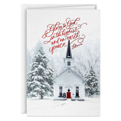Hallmark DaySpring White Church in Snow boxed Christmas cards featuring a peaceful white church in a snowy landscape, pack of 16