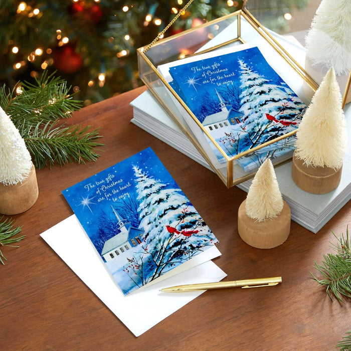 Hallmark DaySpring Wintry Night With Cardinals and Church boxed Christmas cards pack of 16 featuring a peaceful winter church scene