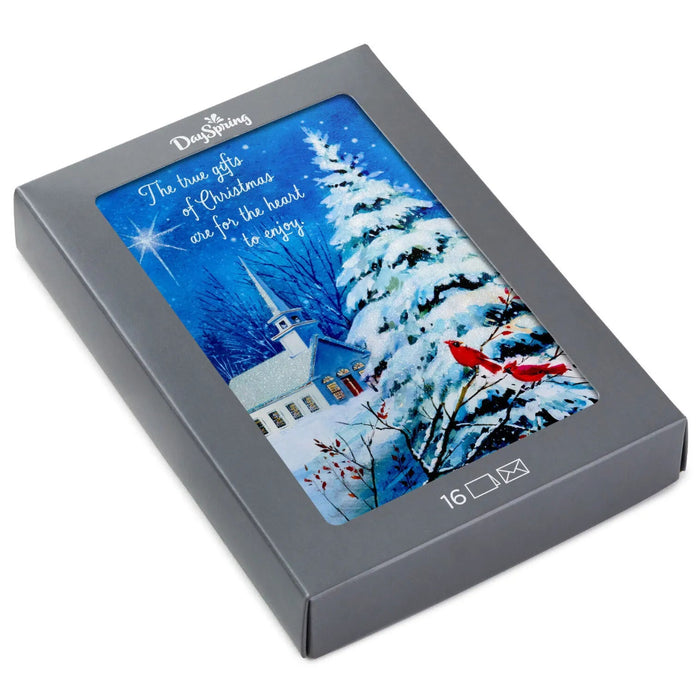 Hallmark DaySpring Wintry Night With Cardinals and Church boxed Christmas cards pack of 16 featuring a peaceful winter church scene