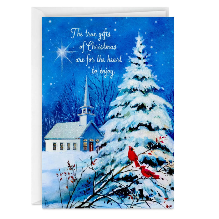 Hallmark DaySpring Wintry Night With Cardinals and Church boxed Christmas cards pack of 16 featuring a peaceful winter church scene