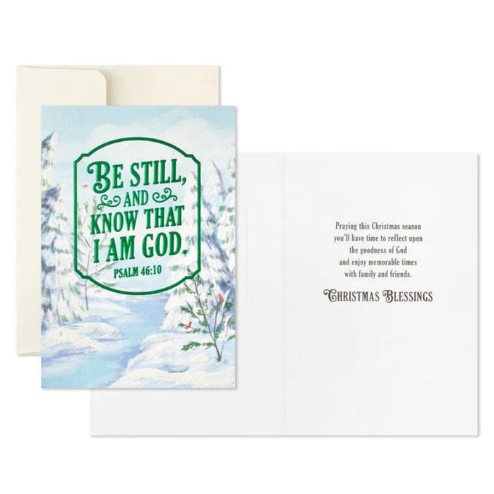 Hallmark Be Still and Know snowy landscape religious boxed Christmas cards pack of 16 with peaceful winter artwork.