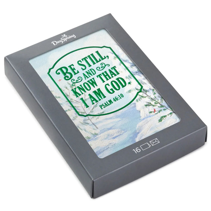 Hallmark Be Still and Know snowy landscape religious boxed Christmas cards pack of 16 with peaceful winter artwork.