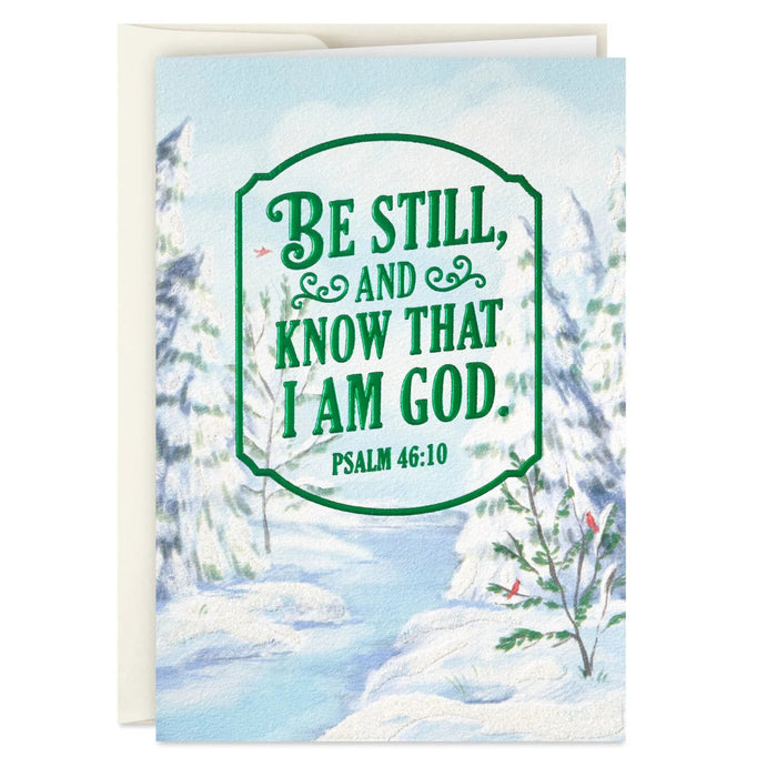 Hallmark Be Still and Know snowy landscape religious boxed Christmas cards pack of 16 with peaceful winter artwork.