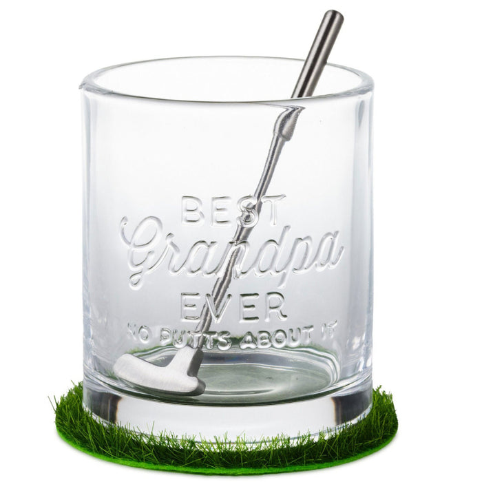 Best Grandpa Ever Lowball Glass With Golf Club Stirrer and Turf Coaster, 8.5 oz.