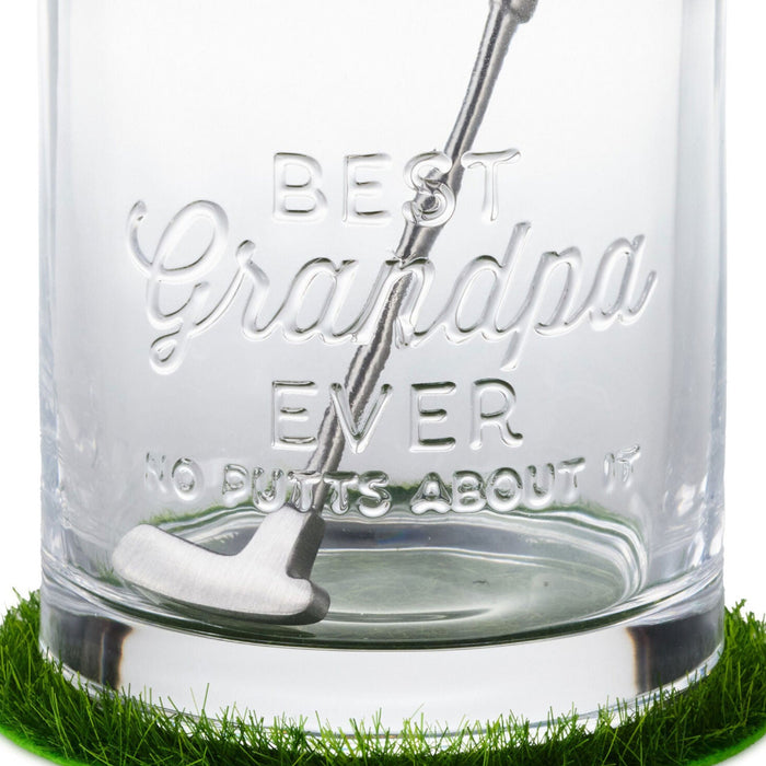 Best Grandpa Ever Lowball Glass With Golf Club Stirrer and Turf Coaster, 8.5 oz.