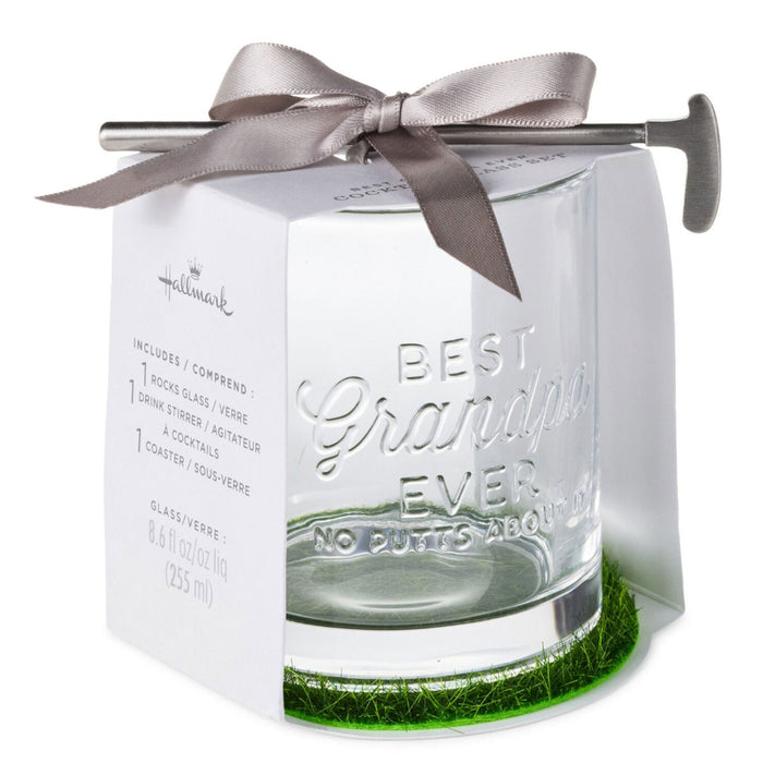 Best Grandpa Ever Lowball Glass With Golf Club Stirrer and Turf Coaster, 8.5 oz.