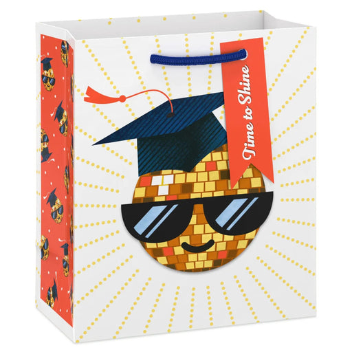 Fun small graduation gift bag with gold disco‑ball grad design, sunny yellow polka dots, and “Time to Shine” tag