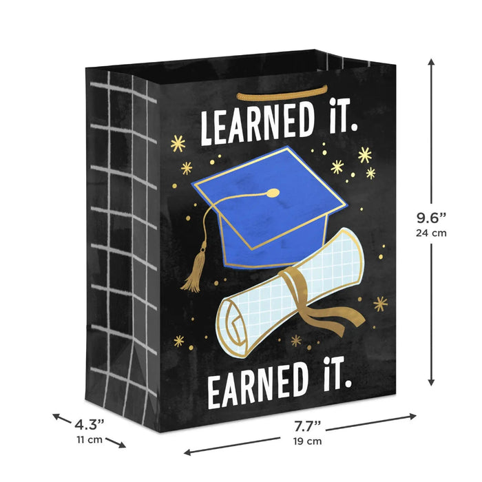 Medium black graduation gift bag with blue cap and gold accents, 7.7" × 9.6" × 4.3"