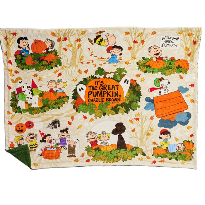 Peanuts® Great Pumpkin 60th Anniversary oversized 80x60 soft throw blanket featuring Snoopy, Charlie Brown, and the Great Pumpkin Halloween design.