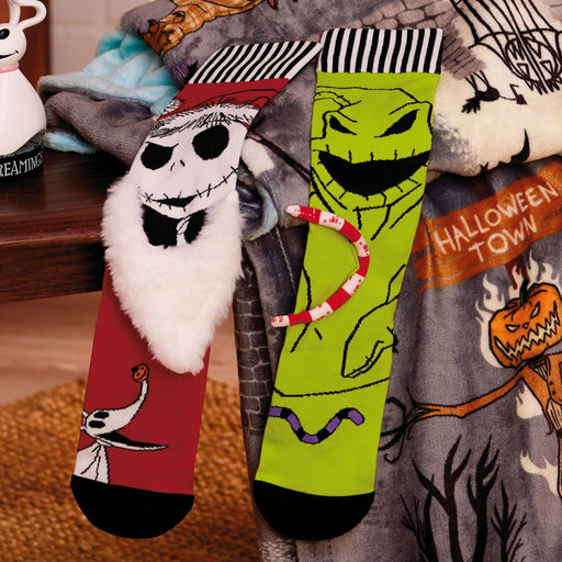 Disney Tim Burton's The Nightmare Before Christmas Jack Skellington and Oogie Boogie mismatched novelty crew socks featuring colorful character artwork on soft crew-length socks, perfect for Disney fans, Halloween outfits, and everyday wear.