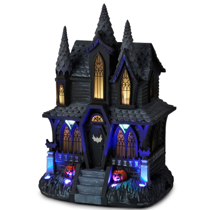 Hauntsville Collection Vampire Manor 9.75-inch Halloween tabletop decoration featuring a gothic haunted mansion with built-in light and spooky sound