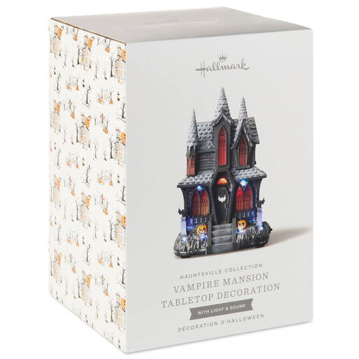 Hauntsville Collection Vampire Manor 9.75-inch Halloween tabletop decoration featuring a gothic haunted mansion with built-in light and spooky sound